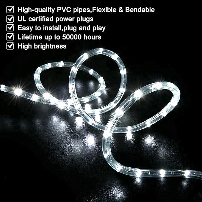 SURNIE Rope Lights Outdoor Waterproof Daylight White: LED 10FT Cuttable Outside Bright 110V Lighting 6000K Flexible Cool Clear Tube, Indoor Deck Patio Xmas Camping Decor, Not Flat Strip
