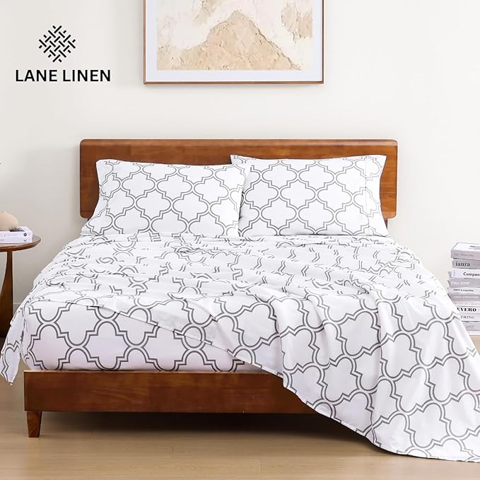 LANE LINEN Eco Friendly 100% Organic Cotton Printed Twin Sheet Set, Soft & Comfy Hotel Style Percale Sheets, Low Pilling Naturally Temperature Regulating Cotton Printed Bed Sheet - Trellis Pattern