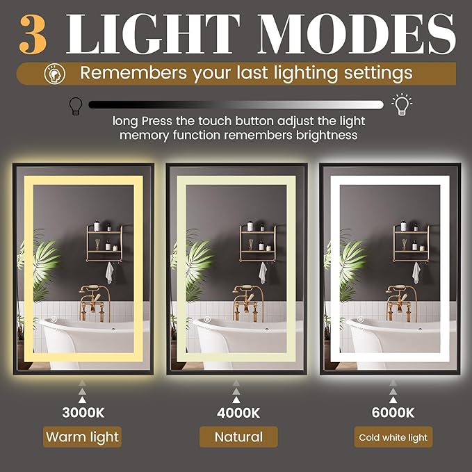 LED Bathroom Mirror,24"x32" Black Frame Led Mirror, Front Light and Backlit, Stepless Dimmable, Anti-Fog, Shatter-Proof, Memory, 3 Colors, Double LED Vanity Mirror