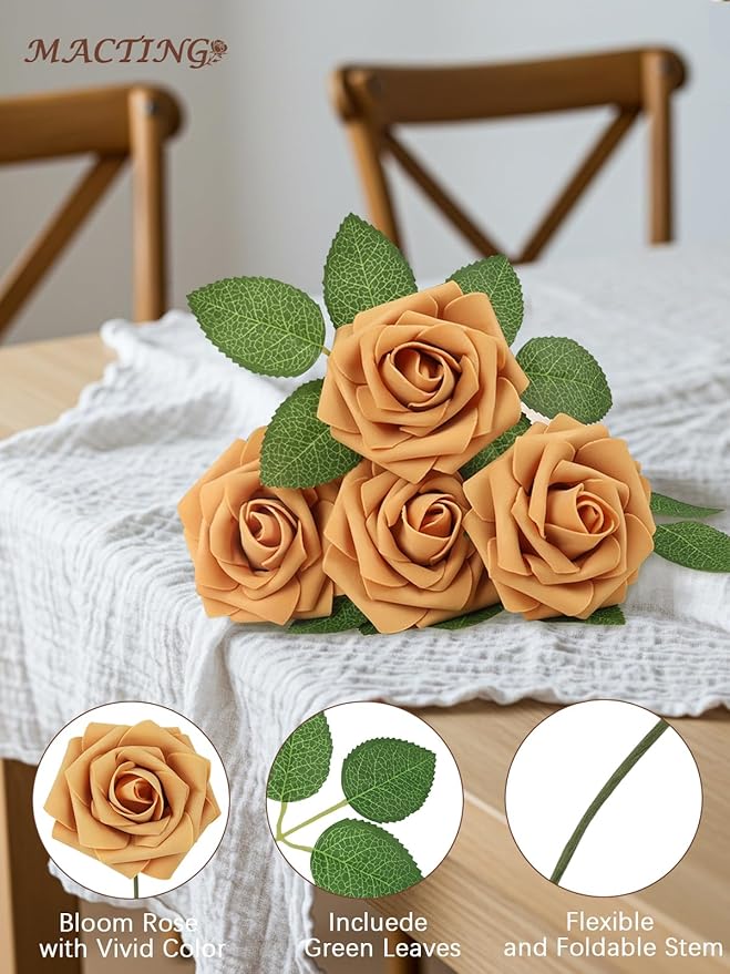 MACTING 30PCS Artificial Flower Roses Real Touch Fake Rose Flowers with Stem Gold Yellow Foam Roses for DIY Wedding Bouquet Table Centerpieces Party Baby Shower Spring Home Mothers Day Decorations