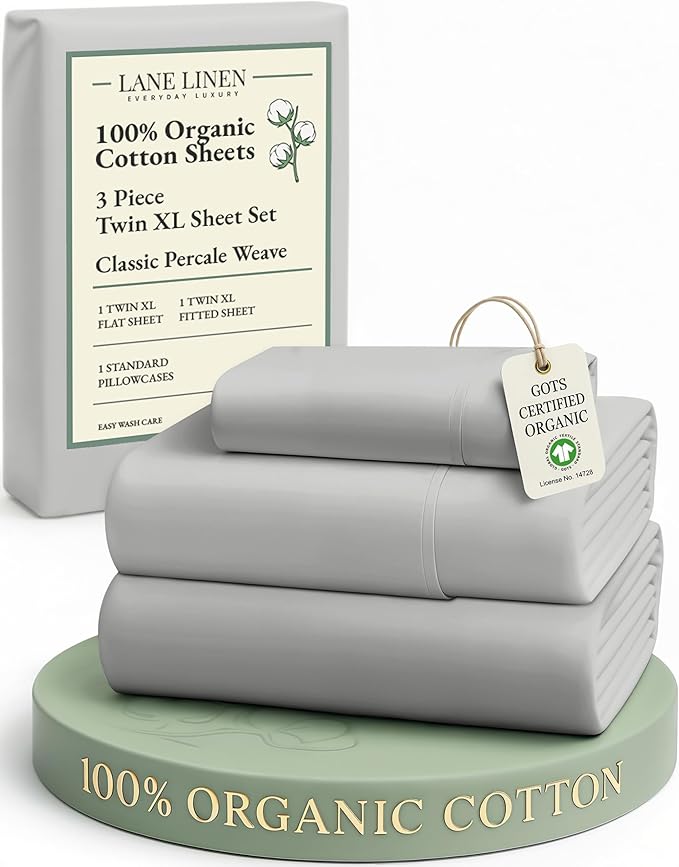 LANE LINEN Twin XL Bed Sheets Set - 100% Mercerized Organic Cotton Twin XL Sheets Set, Soft & Comfy Percale Weave, Machine wash Low Pilling Fade Resistant Luxury Hotel Style Twin XL Sheet Set - Silver