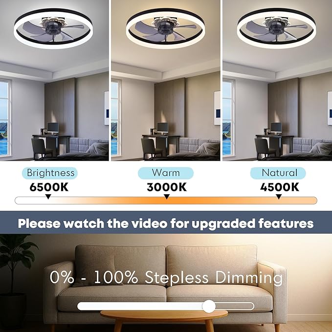 23.6'' Ceiling Fan with Light, Upgraded Low Profile Fan, Flush Mount Ceiling Fan, 6 Speeds, Dimmable LED, App & Remote Control, Quiet DC Motor, for Bedroom, Living Room, F115 Black