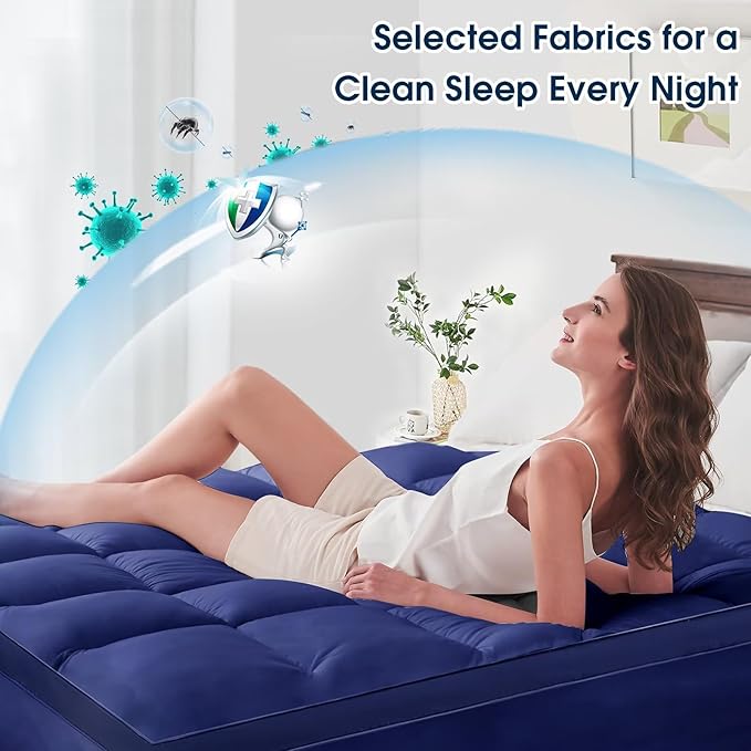 Mattress Topper Short Queen Size, CYMULA PillowTop Mattress Pad Cover for Bed Back Pain, Cooling Mattress Protector Extra Thick Firm Soft Floor Fill Overfilled with 8-21 Inch Deep Pocket, 60"x75"Navy