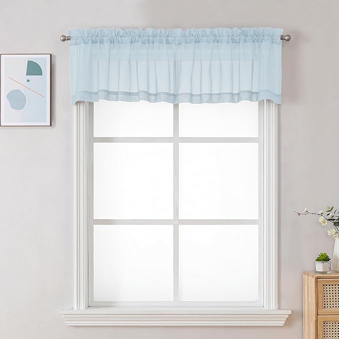Chyhomenyc Sheer Valances for Windows 2 Pack, Small Window Curtains for Living Room Bathroom Cafe Laundry Basement, Modern Top Dual Rod Pocket Voile Curtain, 42W x 18L inches, Sky Blue