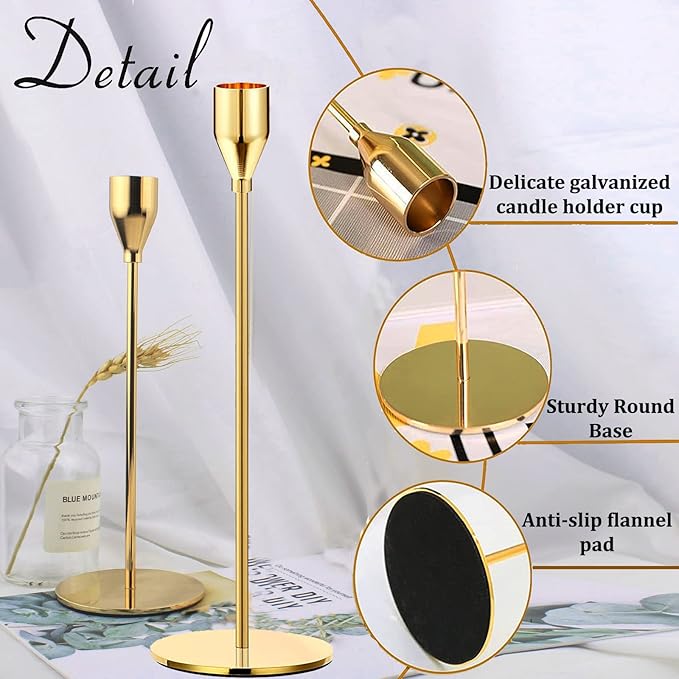 Gold Taper Candle Holders, Set of 6 Gold Candlestick Holders Taper Candle Holders fits 3/4" Thick Pillar Candle Led Modern Metal Candles, Elegant Stands Decorative Table Candle Holder