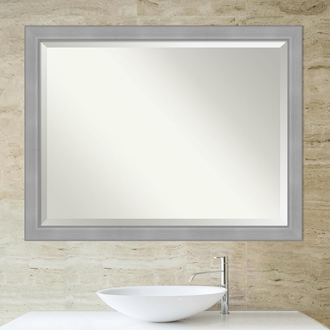 Amanti Art Silver Bathroom Mirror for Over Sink, 34x44 Vista Brushed Nickel Rectangle Vanity Mirror, X-Large Casual Frame, Hangs Horizonally and Vertically, Bathroom Wall Decor, Beveled Edge