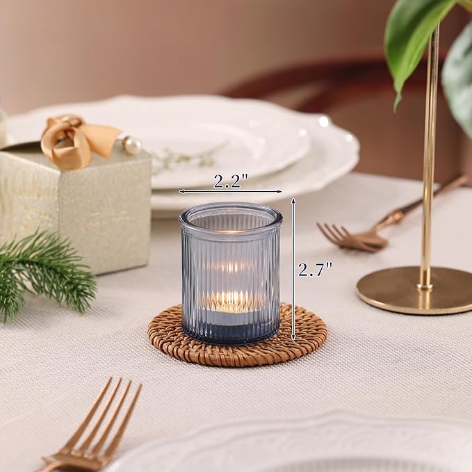 8Pcs Ribbed Blue Votive Candle Holders, Tea Light Candle Holder Glass, Blue Candle Holders for Table Centerpiece, Wedding Decor, Home and Holiday Decor