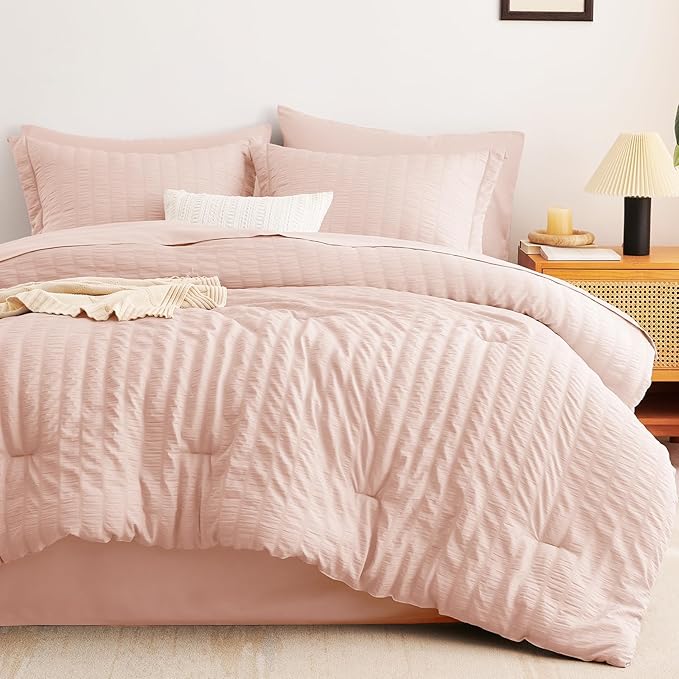 CozyLux Full Size Comforter Sets with Sheets Seersucker 7 Pieces Blush Pink Bed in a Bag Textured Luxury Soft Bedding Set with Down Alternative Comforter, Sheets, Pillowcases & Shams for All Seasons