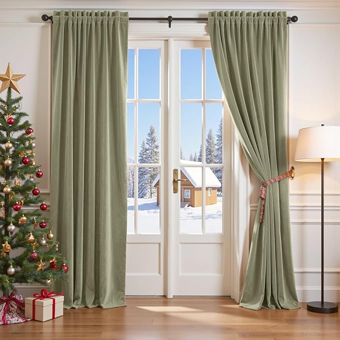 Lazzzy Velvet Blackout Curtains Thermal Insulated Room Window Drapes Super Soft Luxury Curtains for Living Room Bedroom Rod Pocket 2 Panels, Olive Sage, 42" W x 84" L