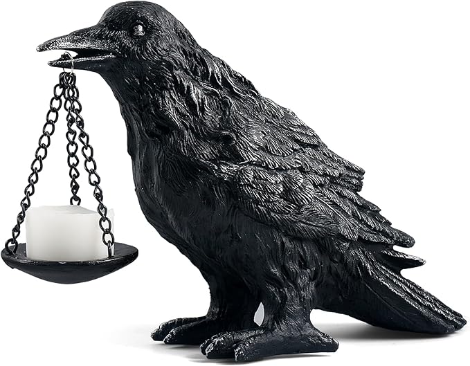 Raven Gothic Home Decor Fake Crow Light Holder Raven Lamp Tealight Candle Holder Resin Raven Statue Wearing Silver