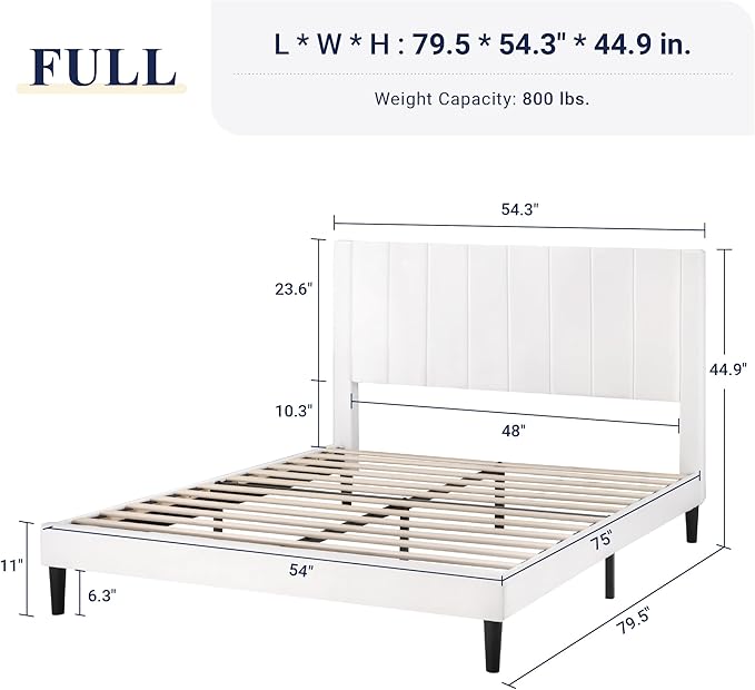 Allewie Full Bed Frame/Velvet Upholstered Bed Frame with Vertical Channel Tufted Headboard/Strong Wooden Slats/Platform Bed Frame/Mattress Foundation/Box Spring Optional/Easy Assembly/White