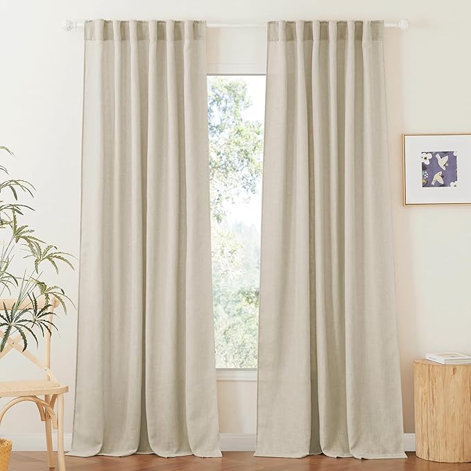 RYB HOME Linen Curtains Semi Sheers for Living Room Privacy Light Airy Large Window Decor for Bedroom Dining Canopy Bed Bath, Beige, W 52 x L 95, 2 Panels