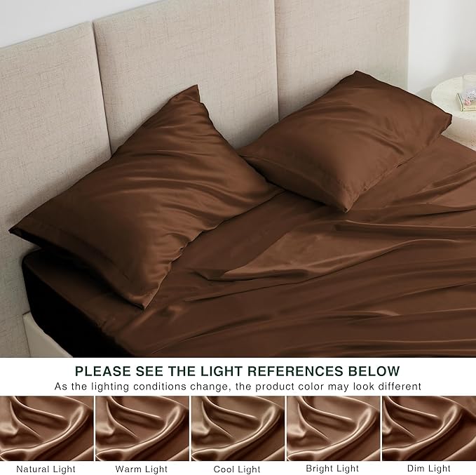 Love's cabin Satin King Sheet Sets - 4 Piece Brown Silky Sheets King Size Bed with Deep Pocket, Luxury Silk Feel King Size Satin Sheet Set (1 Flat Sheet,1 Fitted Sheet,2 Pillow Cases)
