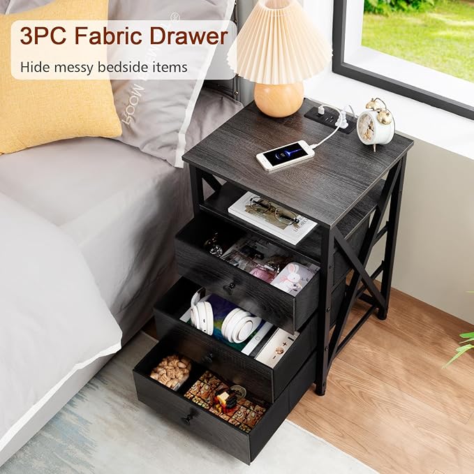 AMHANCIBLE LED Nightstand with Charging Station, Smart End Side Table with USB Port & Power Outlet, Bedside Table with Fabric Drawers for Bedroom, Living Room, Dark Grey, HET053LDG-1