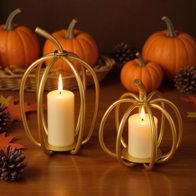 2 Pcs Thanksgiving Gold Metal Pumpkin Candle Holder 6inch 8inch Fall Iron Pumpkin Votive Candle Holder for Holiday Autumn Halloween Home Room Vintage Decoration