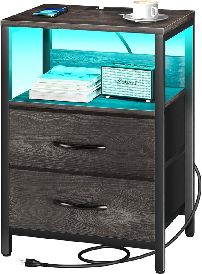 Yoobure Nightstand with Charging Station, LED Night Stand with Fabric Drawers and Storage Shelf for Bedroom, Nightstands Bedside Tables with USB Ports & Outlets, Small Night Stands, Bed Side Table