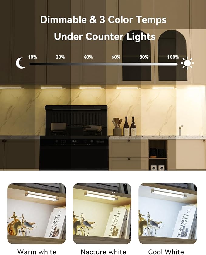 Under Cabinet Lighting 8 Inches Rechargeable Motion Sensor Light Indoor, 3 Color Dimmable Closet Light Battery Operated, USB Stick on LED Magnetic Under Counter Lights for Kitchen Stair, 6 Packs