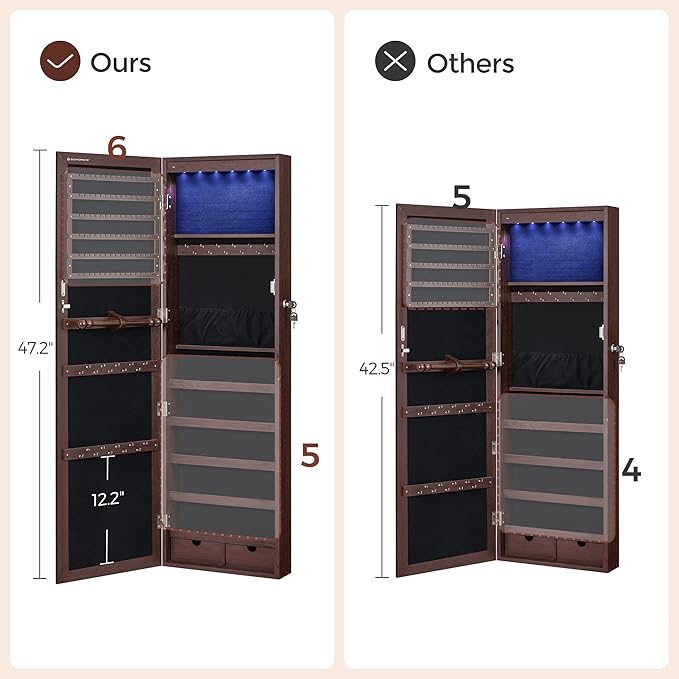 SONGMICS 6 LEDs Mirror Jewelry Cabinet, 47.2-Inch Tall Lockable Wall or Door Mounted Jewelry Armoire Organizer with Mirror, 2 Drawers, Christmas Gift, 3.9 x 14.6 x 47.2 Inches, Brown