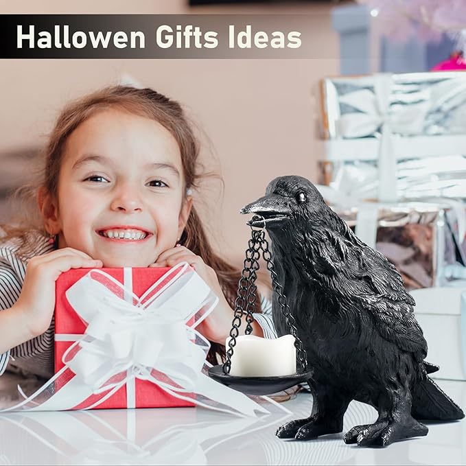 Raven Gothic Home Decor Fake Crow Light Holder Raven Lamp Tealight Candle Holder Resin Raven Statue Wearing Silver