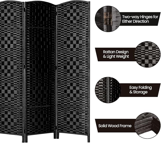 Rose Home Fashion Room Divider, 6 ft Tall Room Dividers and Folding Privacy Screens, 16in Privacy Screen 4 Panel Black Space Temporary Wall Foldable Partition Separation