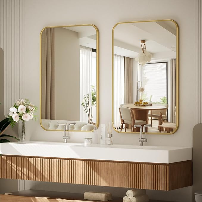 BEAUTYPEAK 26" x 38" Rectangular Aluminum Alloy Frame Wall Mounted Bathroom Mirror with Rounded Corners, Gold