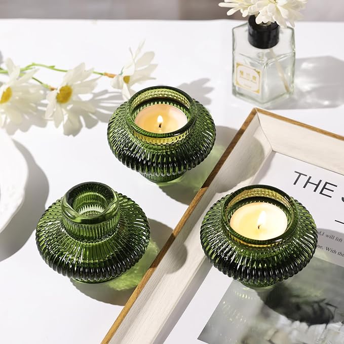 Green Taper Candle Holders Set of 10 for Taper Candles/Tea Lights, Ribbed Glass Candlestick Holders for Boho Wedding Table, Vintage Candle Sticks Holder Decor Home Decor