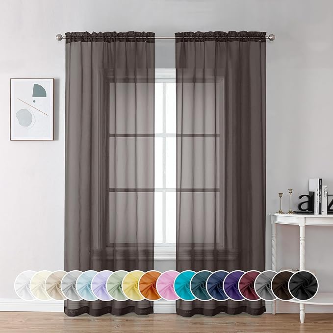 Chyhomenyc Chocolate Brown Sheer Curtains 72 Inch Length 2 Panels, Light Filtering Soft Airy Rod Pocket Voile Window Curtain Drapes for French Door Bedroom Living Room, Each 42Wx72L Inches
