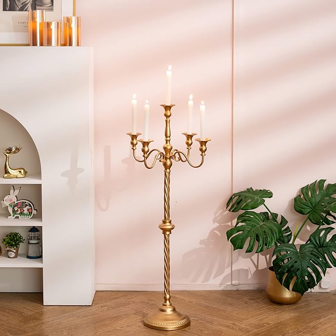 Sziqiqi Gold Floor Candelabra Candle Holder for Centerpiece - Tall 5 Arm Candlesticks Holders Metal Taper Candle Holder for Table Floral Centerpieces for Wedding Party Banquet
