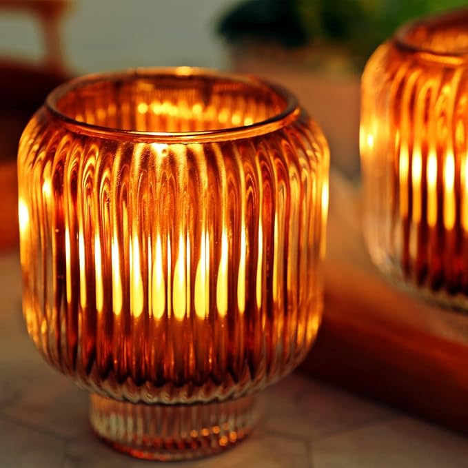 Woho Brown Votive Candle Holders Bulk of 4 for Fall Decor, Tealight Candle Holder for Halloween/Thanksgiving, Vintage Glass Tea Lights Candle Holder for Dining Table(Brown, 3.5'' Tall 3.1'' Diameter)