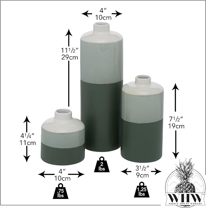 Iconic Dipped Scandinavian Style Vases, Set of 3, Glazed Porcelain, Tonal Shades, Pale Grey, Green and Dark Green, 11.5 H Inches
