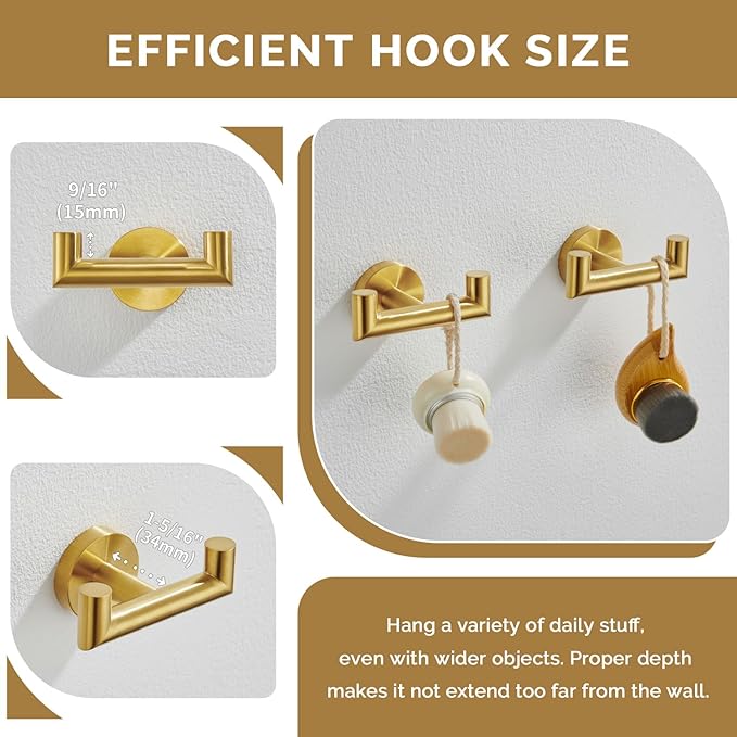 Angle Simple Towel Double Hook Brushed Gold 2 PCS, SUS304 Stainless Steel Bathroom Hand Towel Holder, Double Robe Hook, Wall Mount