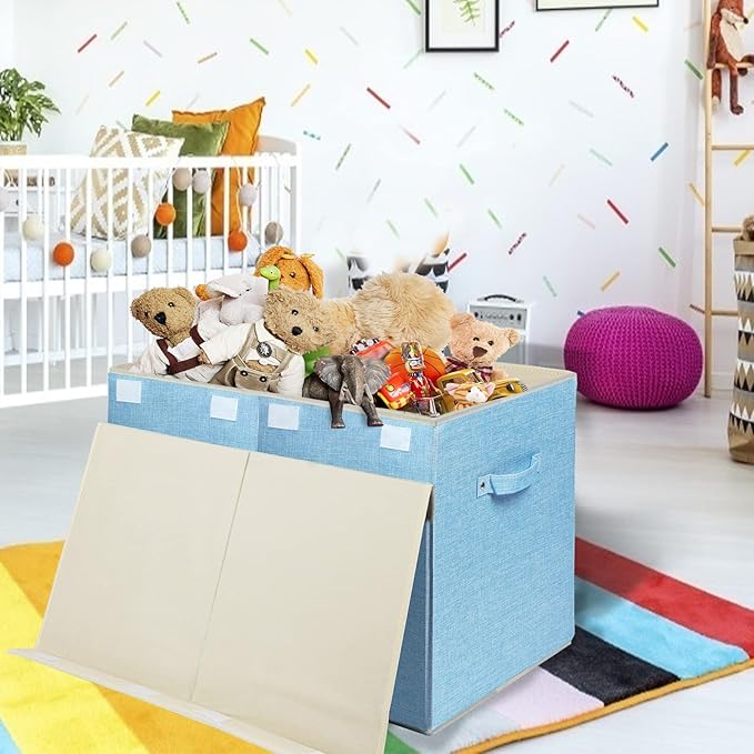 popoly Large Toy Box Chest with Lid, Collapsible Sturdy Toy Bin Storage Organizer Boxes Baskets for Kids, Boys, Girls, Nursery, Playroom, 25"x13" x16" (Linen Blue)