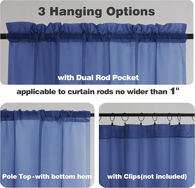 Chyhomenyc Sheer Valances for Windows 2 Pack, Small Window Curtains for Living Room Bathroom Cafe Laundry Basement, Modern Top Dual Rod Pocket Voile Curtain, 42W x 18L inches, Royal Blue