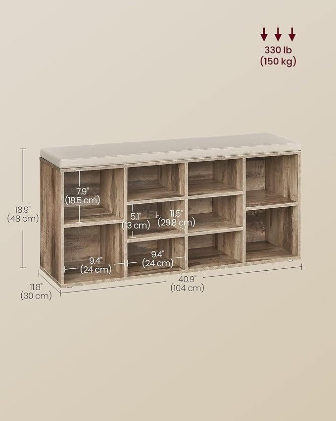 VASAGLE CUSTOS Collection - Shoe Bench, Storage Bench with Padded Seat, Entryway Bench with 10 Compartments, for Bedroom, 11.8 x 40.9 x 18.9 Inches, Camel Brown and Cappuccino Beige ULHS010K02