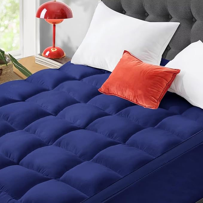 Mattress Topper Short Queen Size, CYMULA PillowTop Mattress Pad Cover for Bed Back Pain, Cooling Mattress Protector Extra Thick Firm Soft Floor Fill Overfilled with 8-21 Inch Deep Pocket, 60"x75"Navy