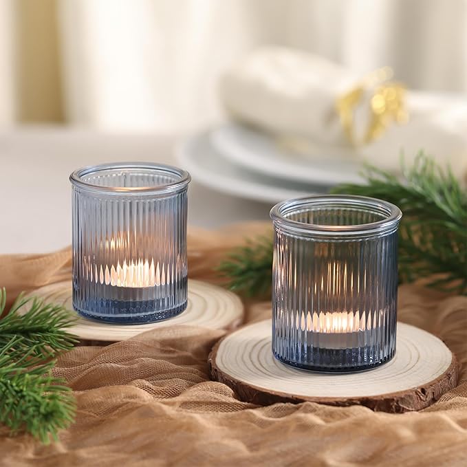 8Pcs Ribbed Blue Votive Candle Holders, Tea Light Candle Holder Glass, Blue Candle Holders for Table Centerpiece, Wedding Decor, Home and Holiday Decor