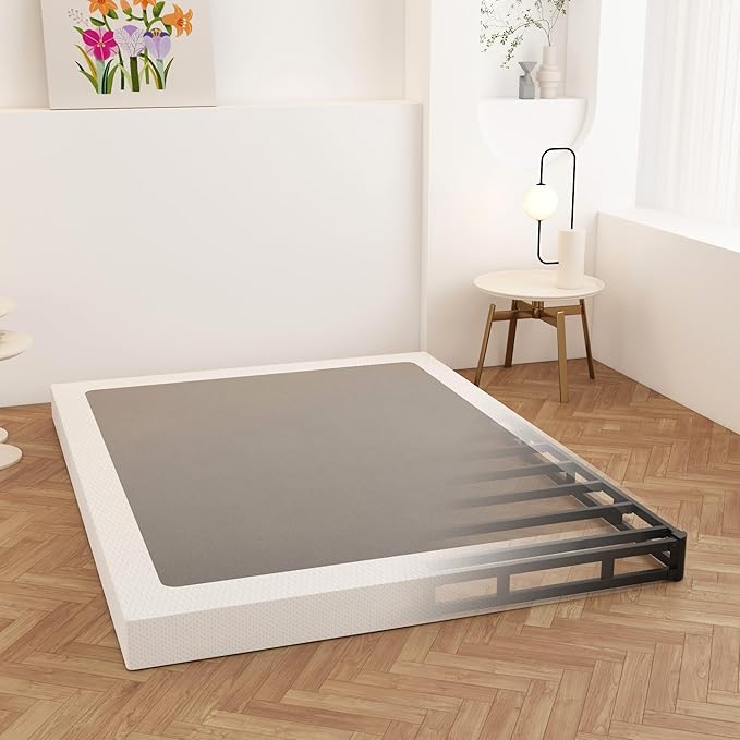 Box Spring Full Size Bed 4 Inch Low Profile, Heavy Duty Metal Box Spring Bed Base with Fabric Cover, Mattress Foundation, Easy Assembly, Noise Free, Black