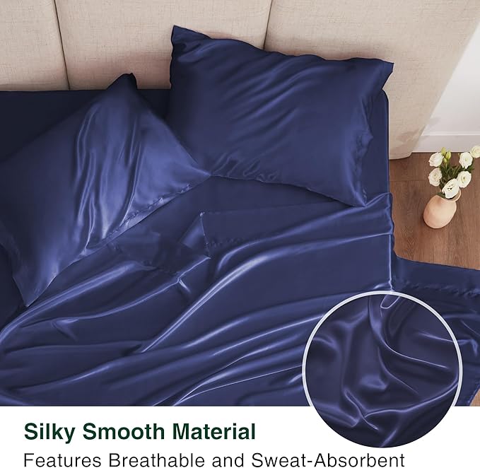 Love's cabin Satin Queen Sheets Set - 4 Piece Navy Blue Silky Bed Sheets with Deep Pocket, Luxury Silk Feel Satin Queen Size Sheet Set (1 Flat Sheet,1 Fitted Sheet,2 Pillow Cases)