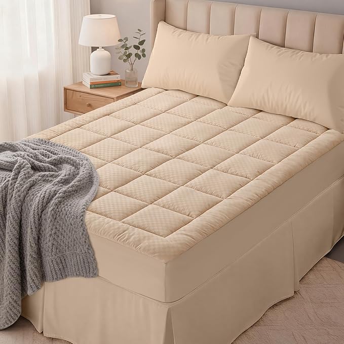 OLANLY Twin XL Quilted Fitted Mattress Pad – Soft Pillow Top Mattress Topper, Down Alternative Fill, Cooling Comfort Breathable Mattress Cover, Machine Washable Deep Pocket Mattress Protector, Beige