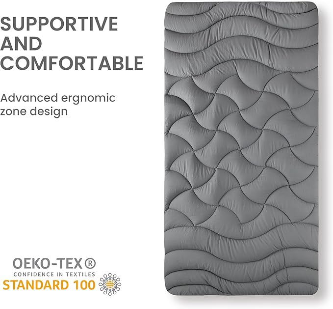 SLEEP ZONE Twin XL Cooling Mattress Topper for College Dorm, Premium Zoned Cool Mattress Pad Cover, Padded Mattress Protector Breathable Washable, Deep Pocket 8-21" (Grey, Twin XL)