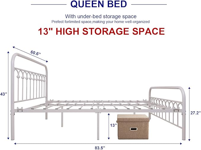 TUSEER Metal Bed Frame Queen Size with Vintage Headboard and Footboard Platform Base Wrought Iron Bed Frame (Queen,White)