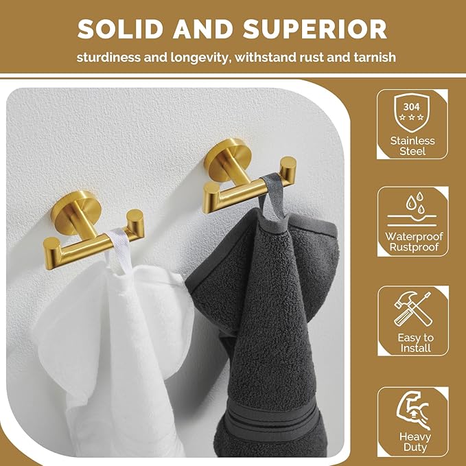 Angle Simple Towel Double Hook Brushed Gold 2 PCS, SUS304 Stainless Steel Bathroom Hand Towel Holder, Double Robe Hook, Wall Mount