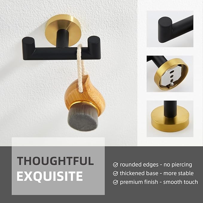 Angle Simple Double Towel Hook, Stainless Steel Hand Towel Holder for Bathroom, Coat Hook for Wall, Black and Gold
