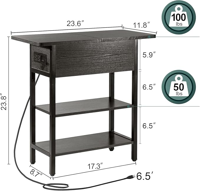 Yoobure End Table with Charging Station, Flip Top Side Table with USB Ports and Outlets, Sofa Couch Table Bedside Table for Living Room Bedroom, Narrow Nightstand with Storage Shelves for Small Space