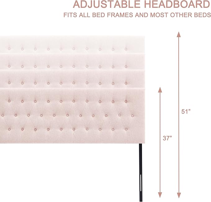 Tufted Upholstered Headboard Full Size, Solid Wood Head Board with Durable Metal Legs, Adjustable Height Bed headboard from 37” to 51” Fabric Headboard in Modern Button Design, Pink