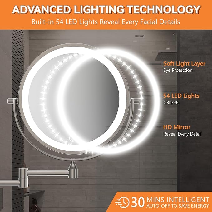 Auxmir 1X/30X Wall Mounted Lighted Makeup Mirror, 8" 3200 mAh Rechargeable Double-Sided Magnifying Mirror, Touch Dimmable 3 Color Lights, 360° Rotating Foldable 14.5" Extension Arm, Brushed Nickel