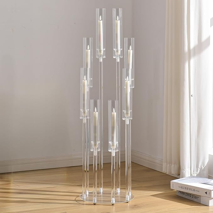10Sets 8 Arm Acrylic Candelabra Candle Holder for Wedding,38.5 inches Tall Clear Candlestick Holders with Shade for Tables Party Event Dinner Decoration (Fit 0.8" Led Candles)
