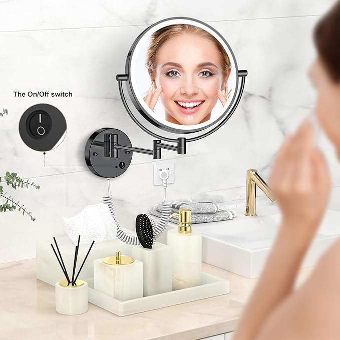 Rocollos 9" Plug-in Wall Mounted Lighted Makeup Mirror 1X/10X Magnification, Super Large Double Sided LED Vanity Mirror for Bathroom (Black)