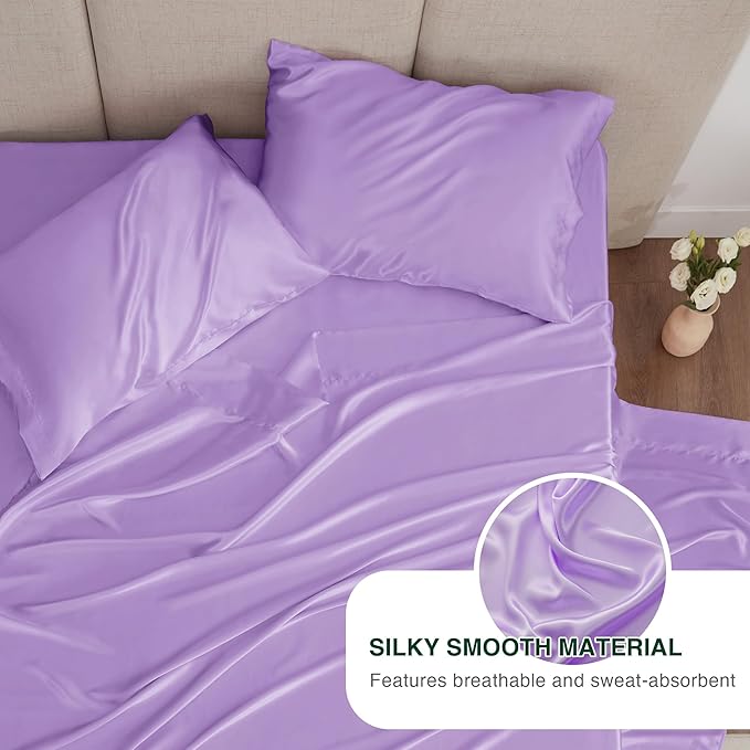 Love's cabin Twin XL Satin Sheet Sets - 3 Piece Lavender Silky Bed Sheets with Deep Pockets, Luxury Silk Feel Satin Sheet Set Twin XL (1 Flat Sheet,1 Fitted Sheet,1 Pillow case)