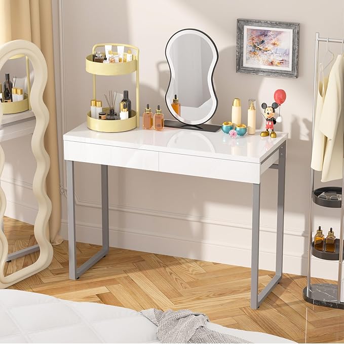 GreenForest Vanity Desk with 2 Drawers,Glossy Desktop White Desk for Bedroom,Makeup Table with Storage Space,Small Desk for Home Office,39 inch No Mirror